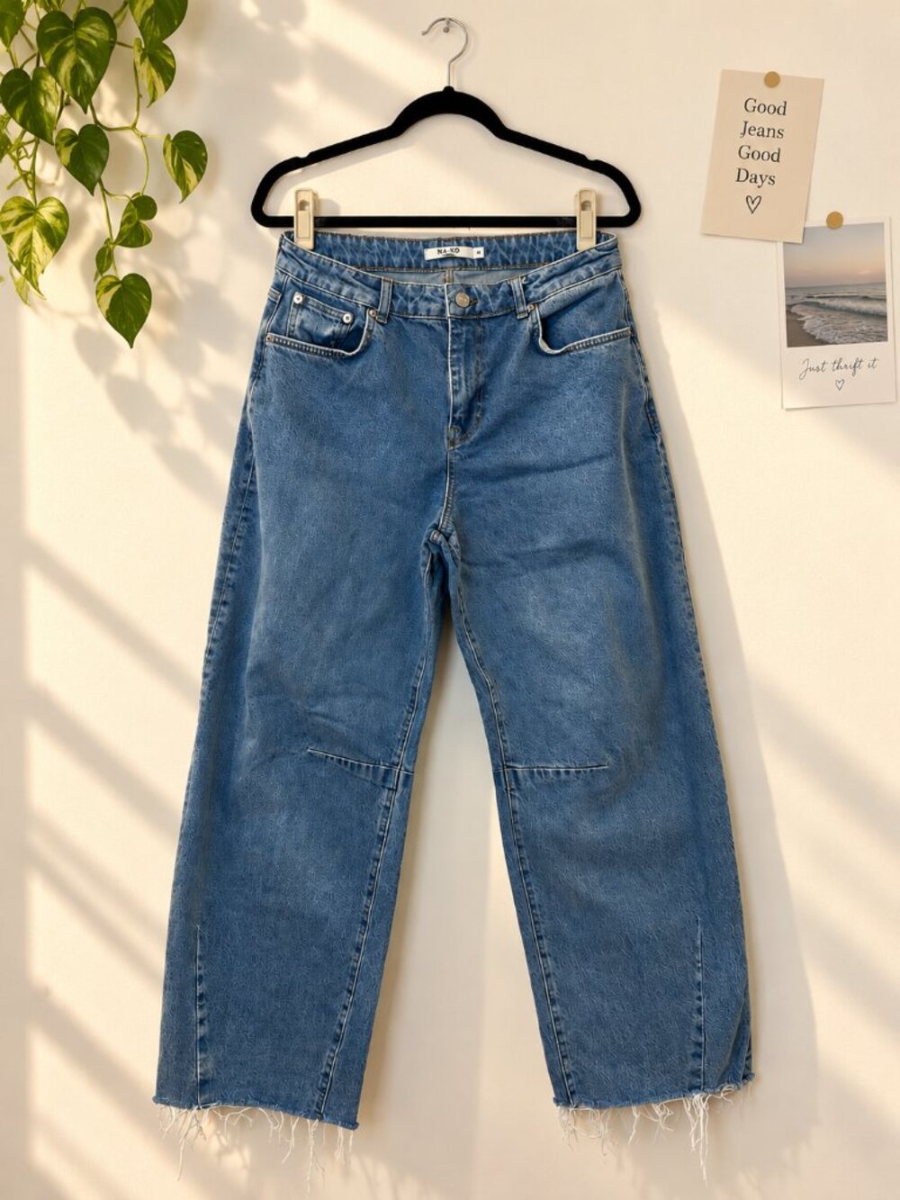 NA-KD Blue Wide Leg Jeans Raw Hem Size 38